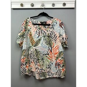 Tahari Shirt Womens 2X Multicolor Linen Leaf Print‎ Short Sleeve Lightweight Top